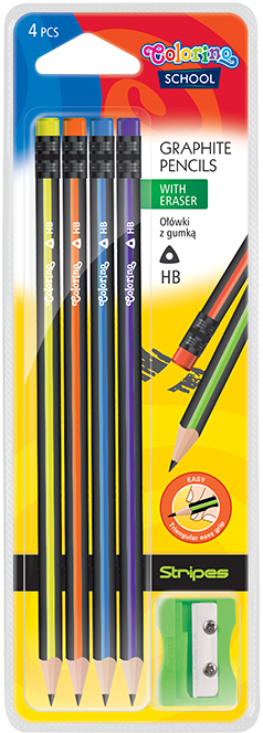 Harilik pliiats HB Colorino 3-tahuline kustutuskummiga 4tk/pk + teritaja, Patio /24