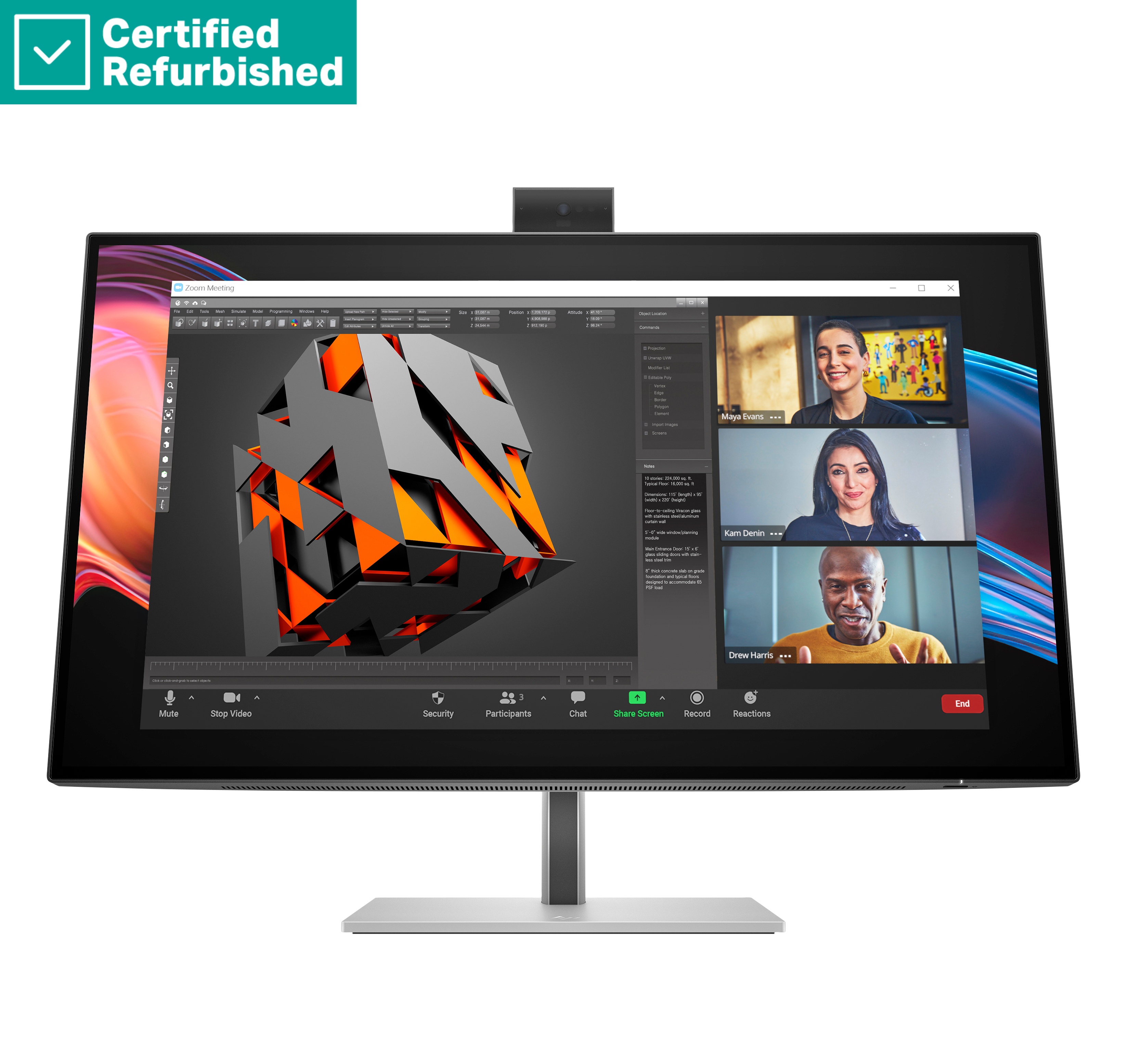 RENEW SILVER HP 727pm Series 7 Pro 4K Conferencing Monitor - 27" 3840x2160 UHD 400-nit 60Hz AG, IPS Black HDR 400, USB-C(100W/15W)/HDMI/DP Daisy-Chain, 5x USB-A, speakers, 5MP webcam, RJ-45 LAN, height adjustable/tilt/swivel/pivot, 1 years