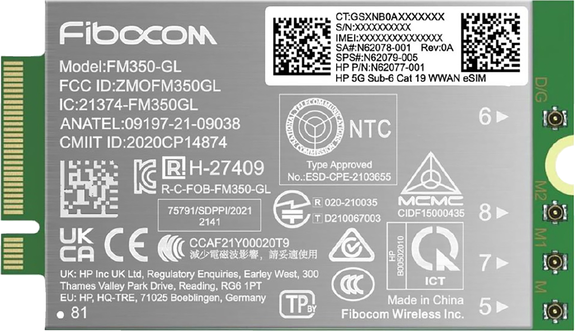 HP 5G Modem m.2 WWAN 4G/5G Sub-6 GHz FM350-GL Mobile Broadband Cellular (compatible with WWAN-ready EliteBook 830 835 840 845 860 865 1040 G11, x360 G11, ZBook Firefly Fury 14 16 G11 G11A)